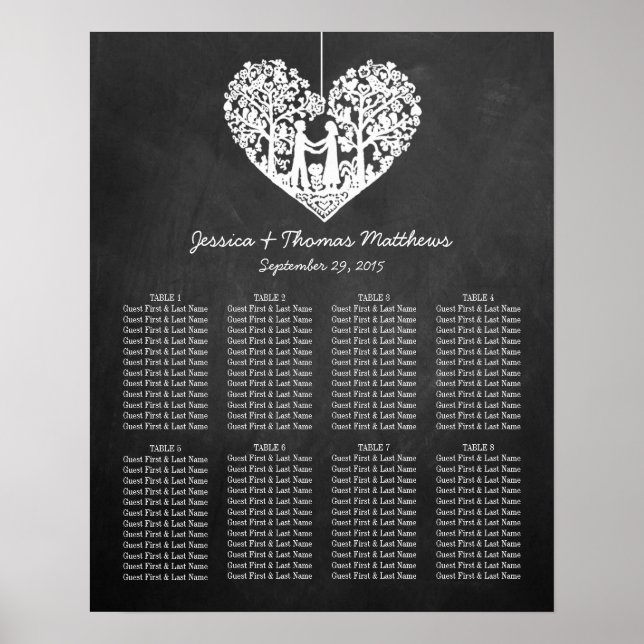 Pôster Coleção de Casamento de Chalkboard de Árvore Coraç (Frente)