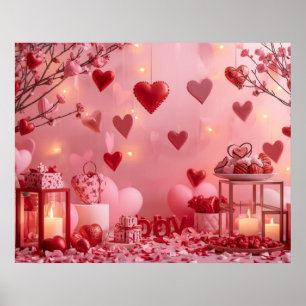 Poster Coleção de Corações Rosa e Vermelhos em uma Parede