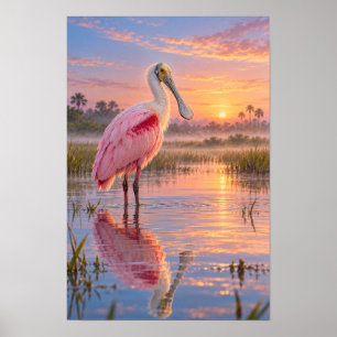 Poster Colhereiro-rosado na Névoa da Manhã – Pântano do T