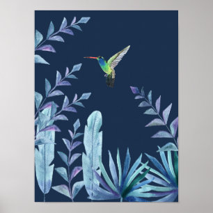 Poster Colibri com folha tropical em azul escuro