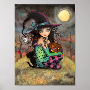 Pôster Colina de Halloween Arte Fofo de Bruxa e Gato Góti
