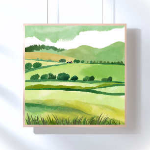 Poster Colina Verde Luxuriante Aquarela da Natureza