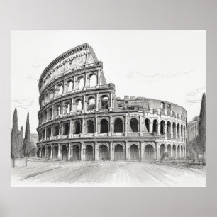 Poster Coliseu marco histórico em roma, itália esboço