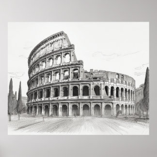 Poster Coliseu marco histórico em roma, itália esboço