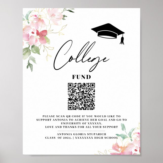 Poster College fund floral graduation printable sign (Frente)