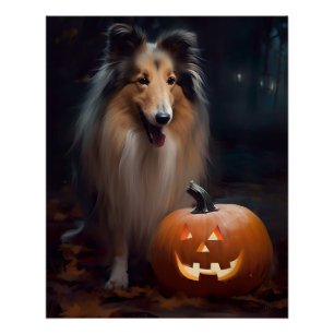 Pôster Collie Áspero de Halloween com Abóboras Assustador
