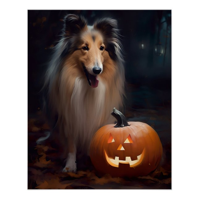 Pôster Collie Áspero de Halloween com Abóboras Assustador (Frente)