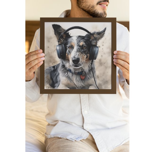 Poster Collie de fronteira ouvindo fones de ouvido (Criador carregado)