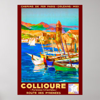 Poster Collioure, Pirenéus, França, embarcações no porto,