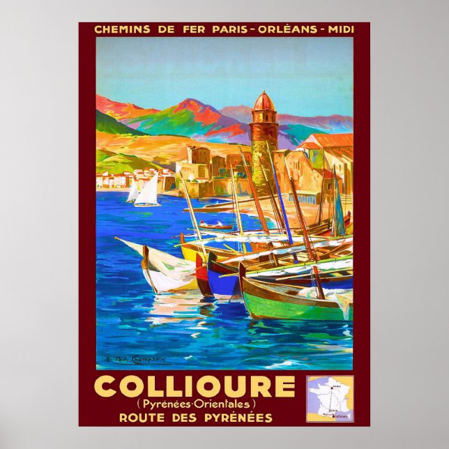 Poster Collioure, Pirenéus, França, embarcações no porto, (Frente)