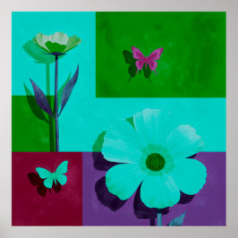 Poster Color Block Floral Art Print with Butterflies