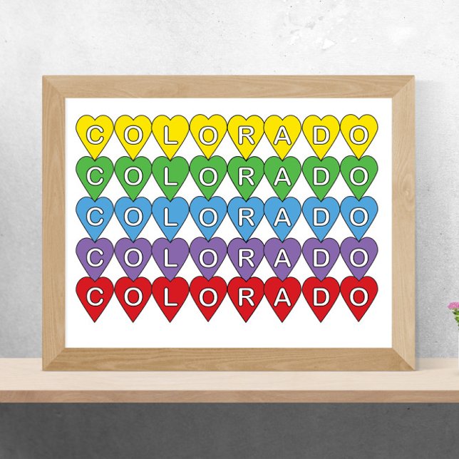 Poster Coloração do Estado do Colorado, EUA (A poster of colorful hearts with the word Colorado inside.)