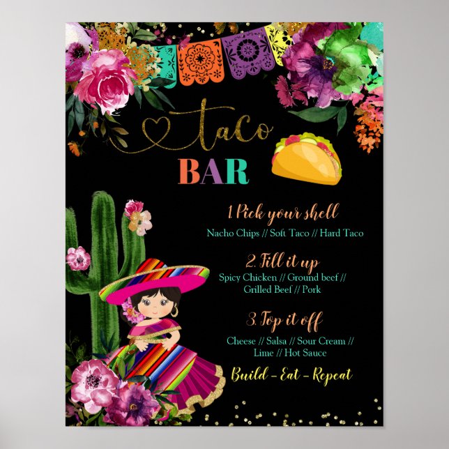 Poster Coloração mexicana Fiesta Floral Birthday Taco Bar (Frente)