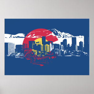 Pôster Colorado Flag com Denver Skyline e Rockies
