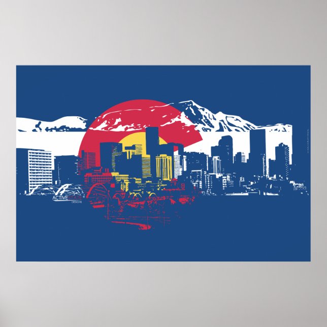Pôster Colorado Flag com Denver Skyline e Rockies (Frente)