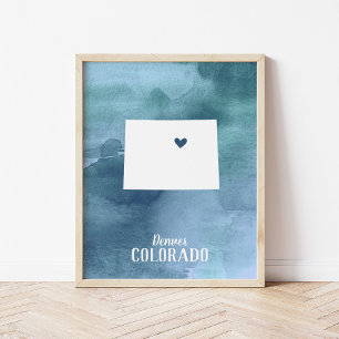 Pôster Colorado Map Blue Watercolor Art Personalizado