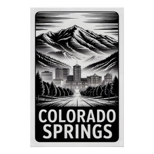 Pôster Colorado Springs Colorado Preto Branco Xilogravura