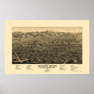 Pôster Colorado Springs, mapa panorâmico do CO - 1882