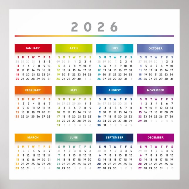 Poster Colorful 2026 Calendar - Rainbow Colors 3 Columns (Frente)
