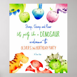 Poster Colorful baby dinosaurs birthday welcome sign