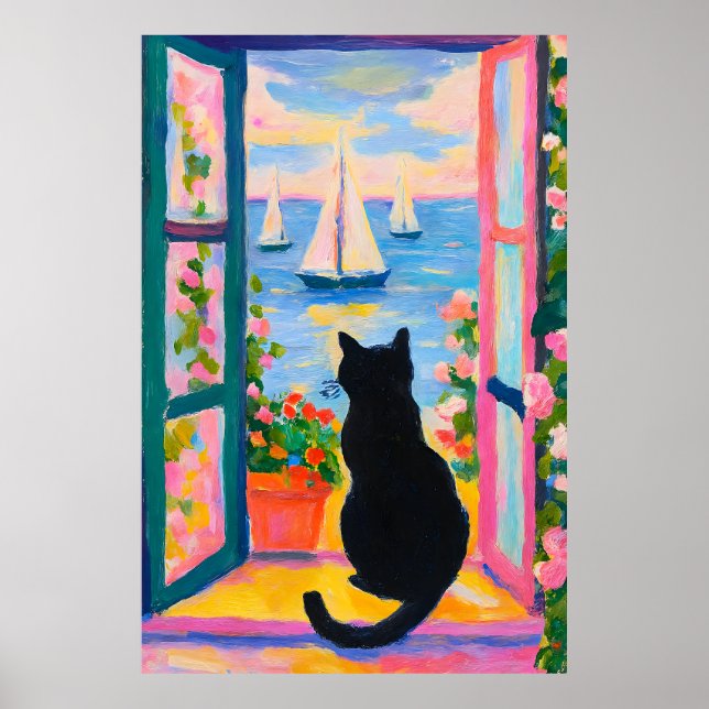 Poster Colorful Coastal Cat Painting Window Sailboats (Frente)