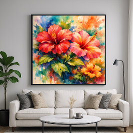 Poster Colorful Floral Watercolor Style Hibiscus Art