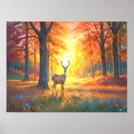 Poster Colorful Forest Flowers and Deer Art