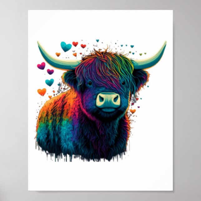 Poster Colorful Highland Cow Valentines Day Farm Cow  (Frente)