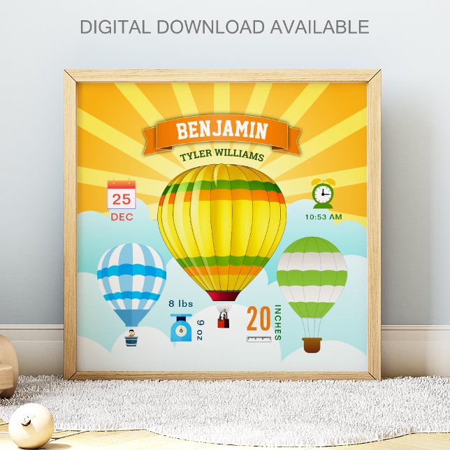 Poster Colorful Hot Air Balloons Baby Birth Stats (Criador carregado)
