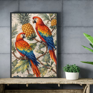 Poster Colorful Macaw Parrots with Pineapples