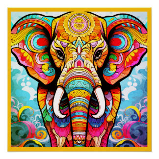 Pôster Colorful Mosaic Elephant on a Glossy Wall Poster