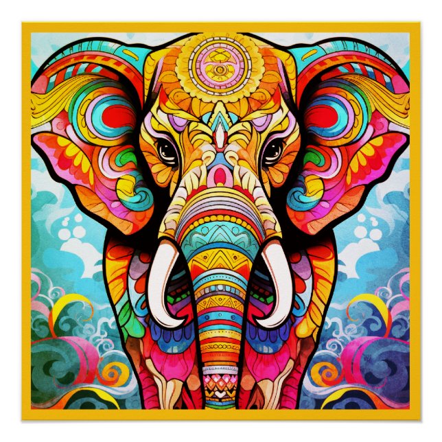 Pôster Colorful Mosaic Elephant on a Glossy Wall Poster (Frente)