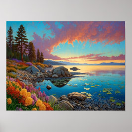 Poster Colorful Mountain Lake Flowers Art