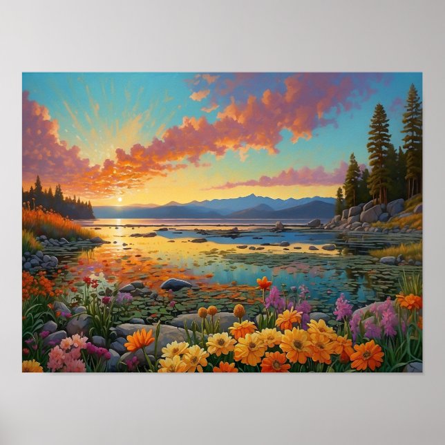 Poster Colorful Mountain Lake Flowers Art (Frente)