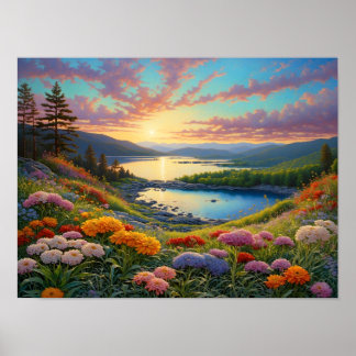 Poster Colorful Mountain Lake Flowers Art