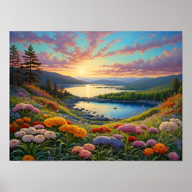 Poster Colorful Mountain Lake Flowers Art (Frente)