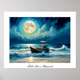 Poster Colorfull Moon Old Shipreck Seashore