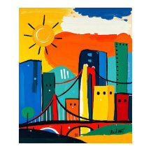 Colorida Abstrato Cityscape com Sol e Ponte