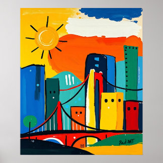 Poster Colorida Abstrato Cityscape com Sol e Ponte