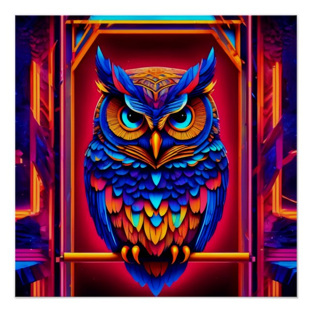 Pôster Colorida Abstrato Techno Owl (Frente)