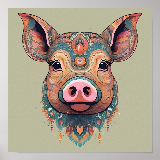 Poster Colorida Boho Bohemian Pig Whimsical Art in Sage (Frente)