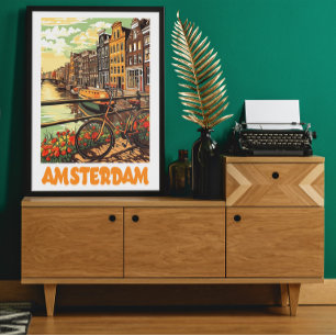 Poster Colorida Cidade dos Canais Amsterdam Holanda Vinta