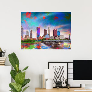 Poster Colorida Columbus Ohio Skyline Abstrato Art