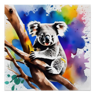 Pôster Colorida Mancha De Aquarela Do Urso De Koala,