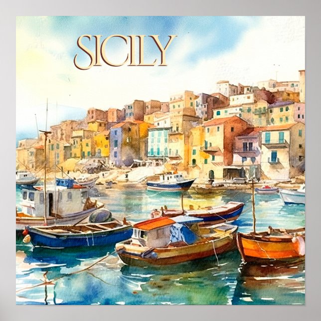 Poster Colorida Watercolor Sicily Harbor Viagem (Frente)