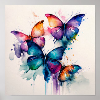 Poster Coloridas Borboletas Abstrato Watercolor