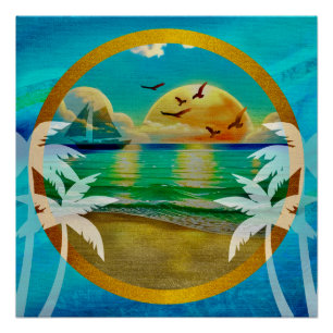Pôster Colorido de uma Praia com uma Palmeira e um Sol
