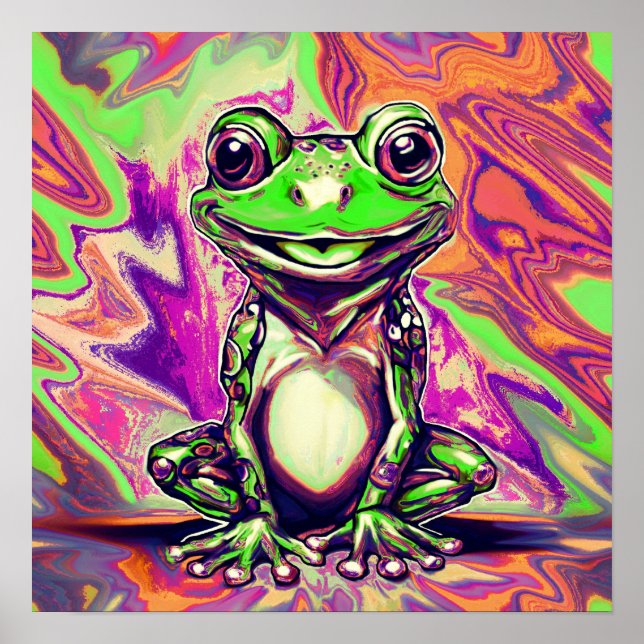 Poster Colorido Grafite Psicodélico Sapo Verde Roxo (Frente)