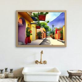 Poster Colorido Mexicano Village Street Scenical Watercol