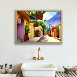 Poster Colorido Mexicano Village Street Scenical Watercol